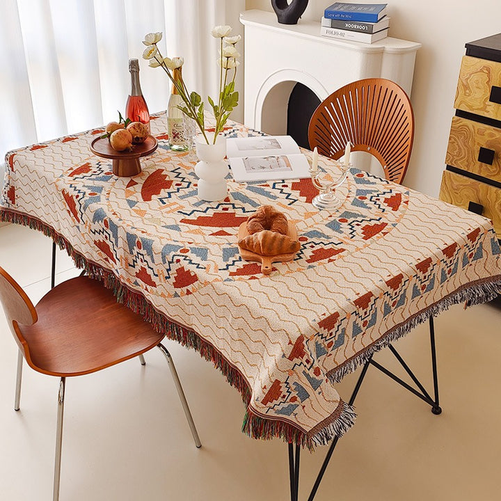 Round Textured Waffle-Weave Fringe Tablecloth with Tassel Edge