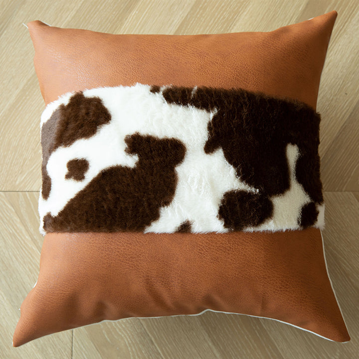 Decorative Throw Pillow with Faux Cowhide Fur Panel and Vegan Leather Accent