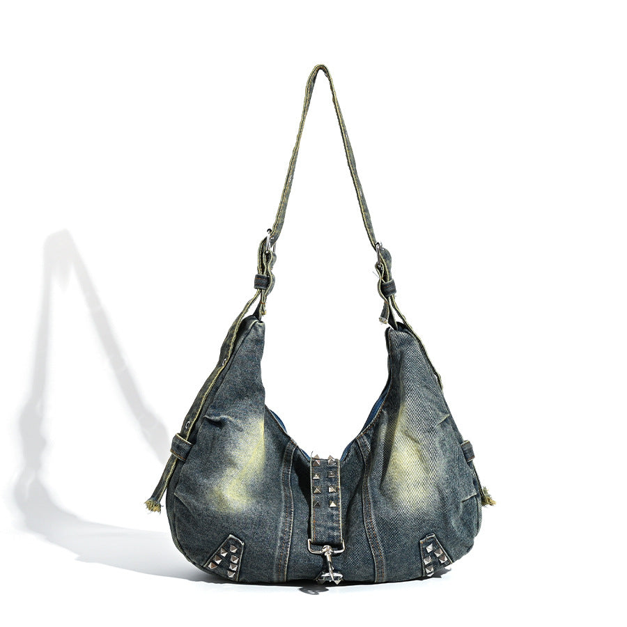 Distressed Denim Hobo Bag with Studded Accents