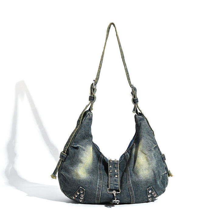 Distressed Denim Hobo Bag with Studded Accents