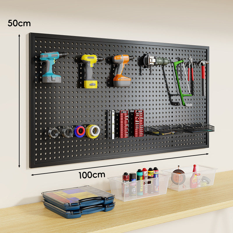 Wall-Mounted Perforated Metal Tool Pegboard Organizer Panel with Modular Hooks and Wire Baskets