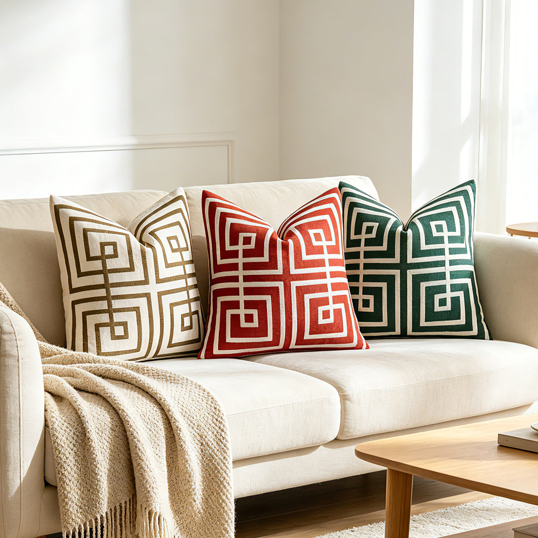 Geometric Embroidered Cotton-Linen Square Throw Pillow Cover with Raised Chenille Maze Appliqué