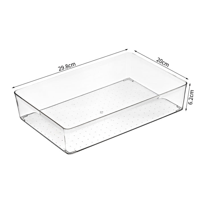 Transparent storage box for refrigerator and cupboard with narrow front opening and anti-slip nubs