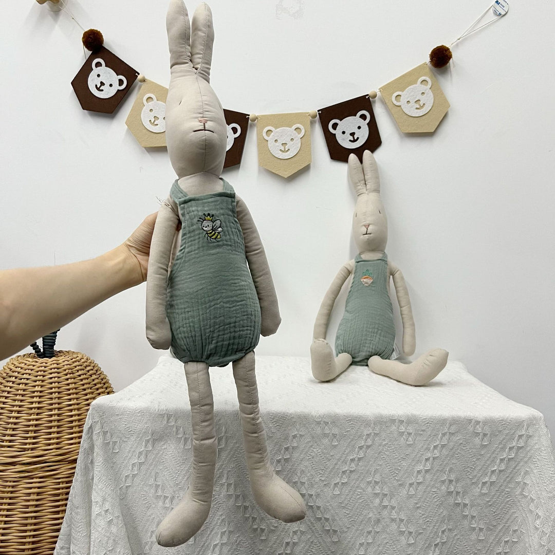 Soft Long‑Leg Linen Bunny Plush with Checkered Collar and Gathered Overalls