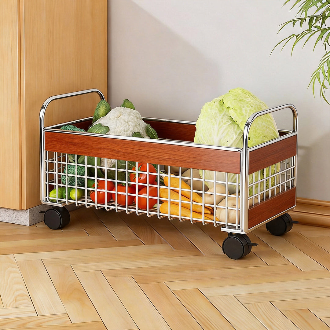 Ventilated Metal Mesh Pantry & Produce Rolling Storage Basket with Tall Handles