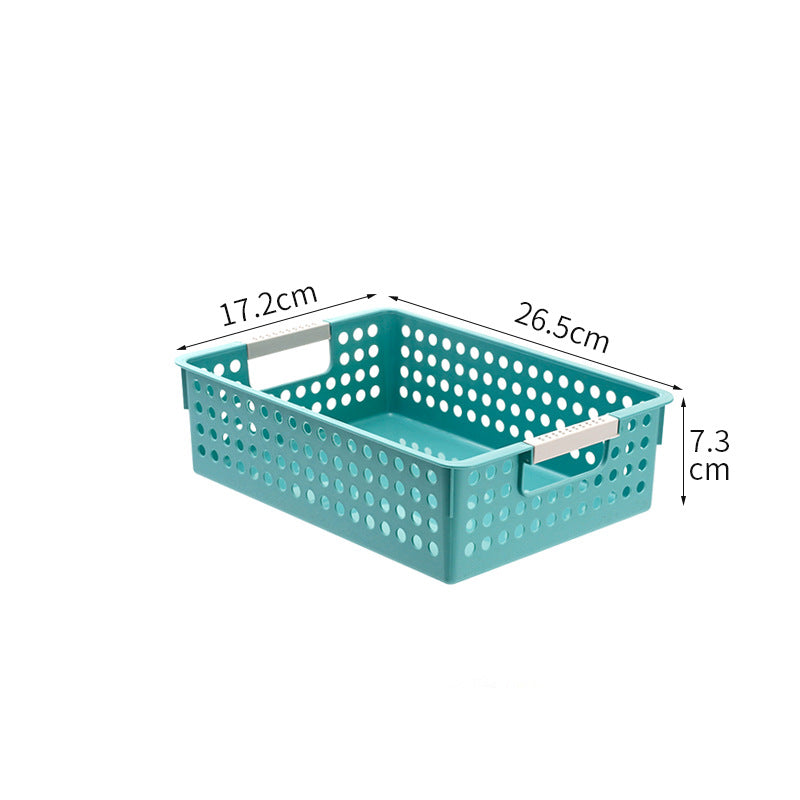 Flat plastic storage box with perforated side wall and grip recesses