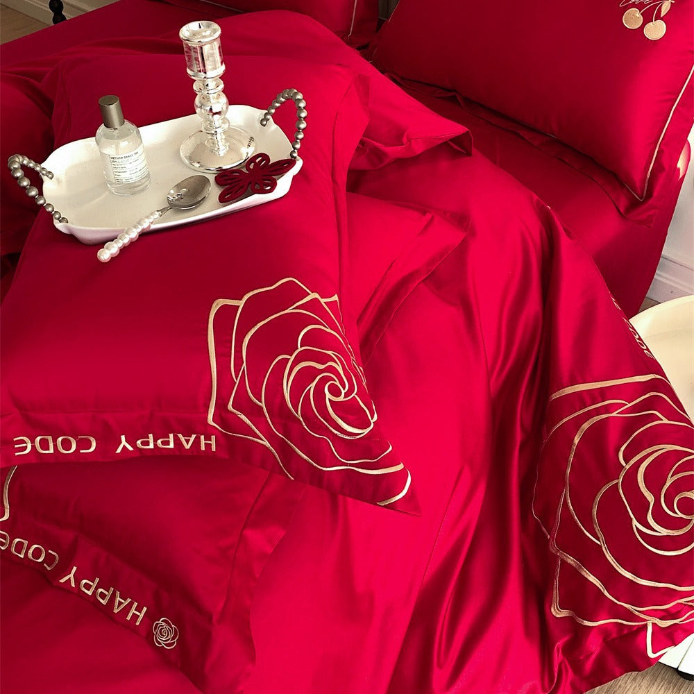 Luxurious cotton satin bedding set with rose embroidery
