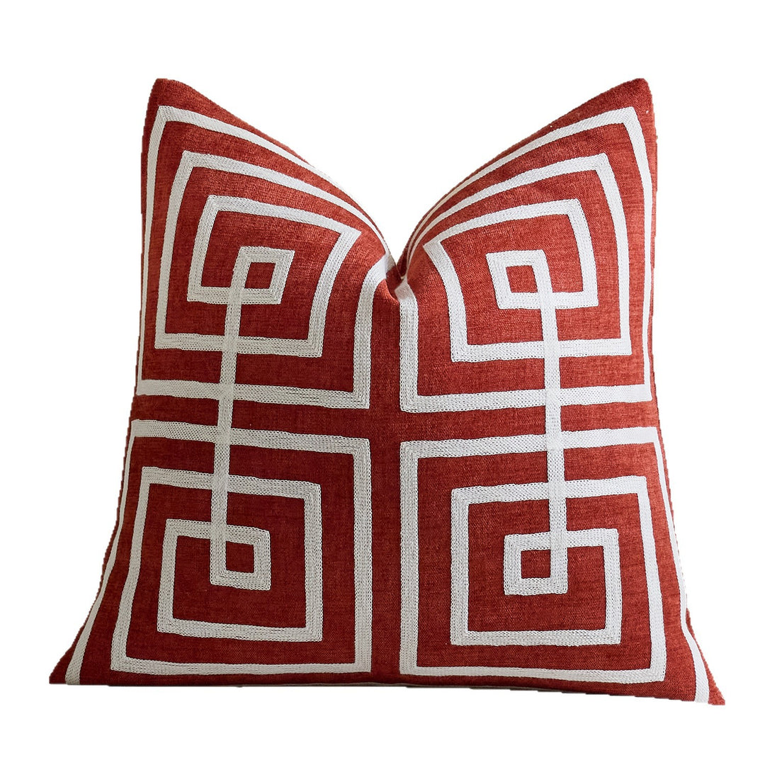 Geometric Embroidered Cotton-Linen Square Throw Pillow Cover with Raised Chenille Maze Appliqué