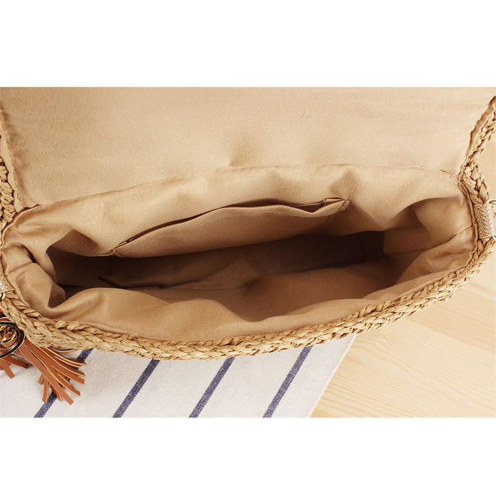 Woven Raffia Shoulder Bag with Decorative Shoulder Strap Kalsten