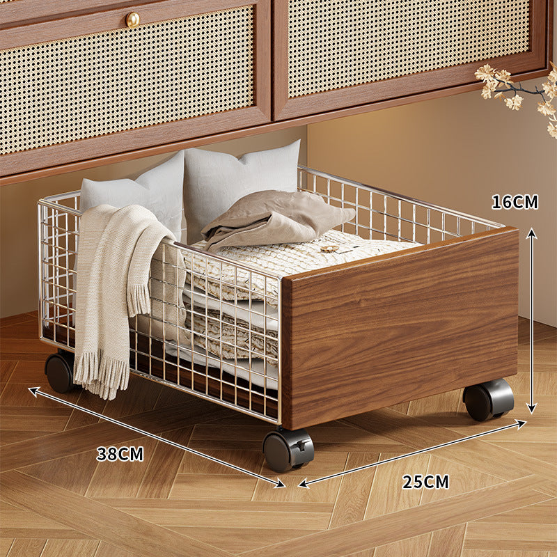 Low-Profile Rolling Underbed Storage Drawer with Metal Grid and Wood Panel