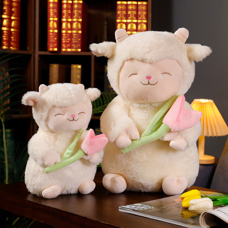 Sitting Lamb Plush Cuddle Doll with Weighted Huggable Core and Removable Tulip Accessory Kalsten