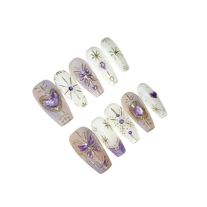 Artistic Press-On Nail Art Set with Elegant Gem Accents