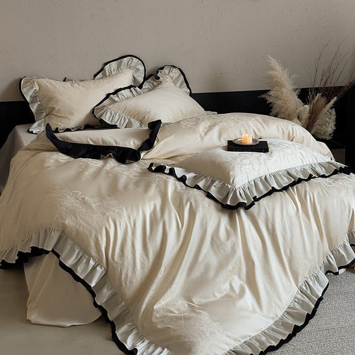 Romantic duvet cover set with ruffle border and fine jacquard embroidery