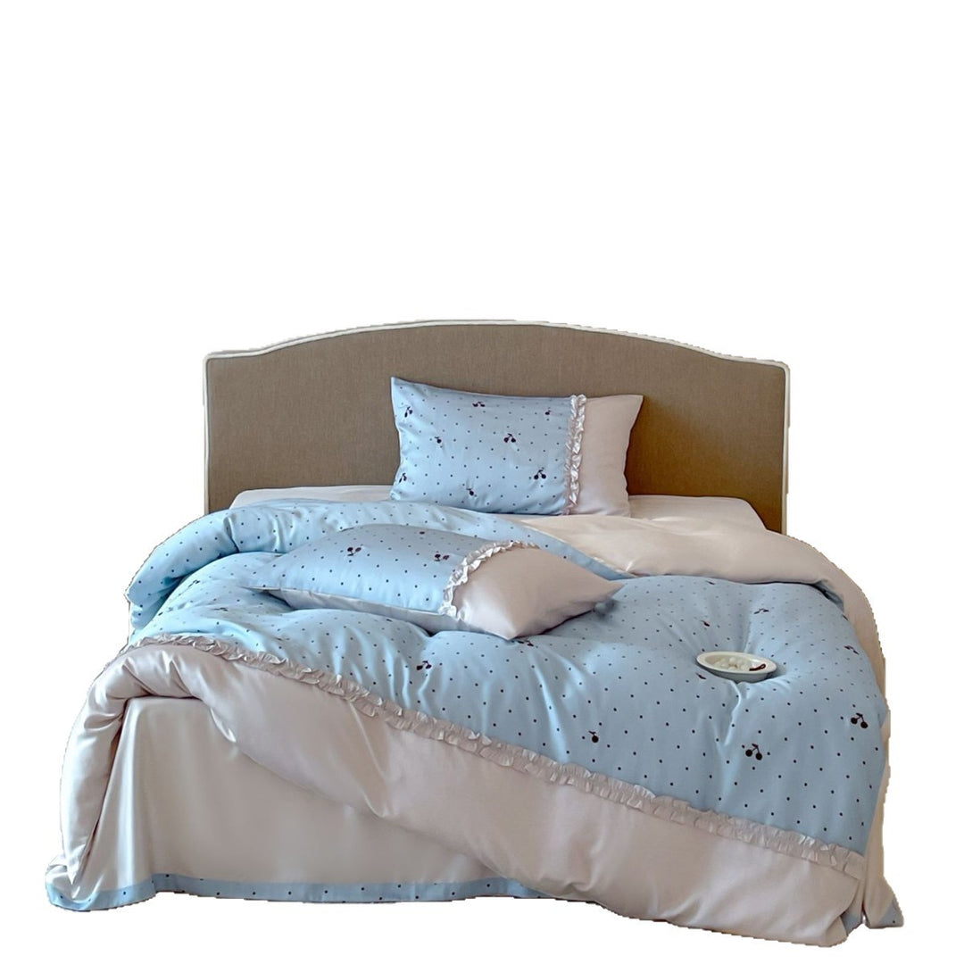 Satin bedding set with delicate ruffles and cherry pattern