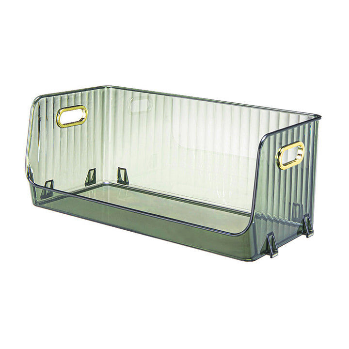 Transparent storage box with front opening, ribbed structure and integrated grip openings