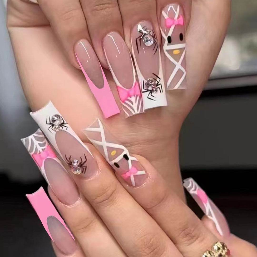Artistic Press-On Nail Extensions with Spider and Bow Design Kalsten