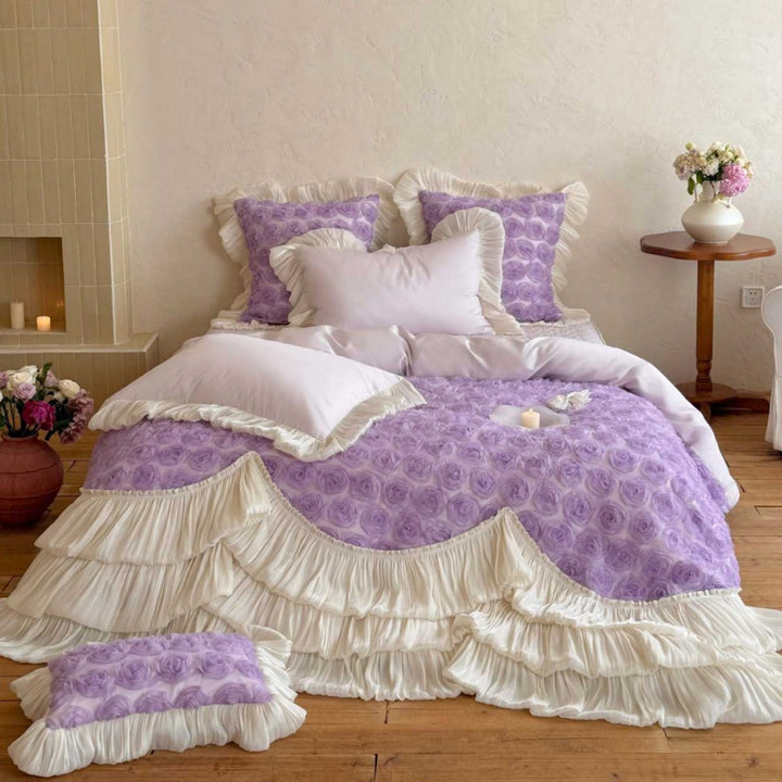 Romantic quilted bedspread with 3D rose appliqué, pleated frills and pillowcases