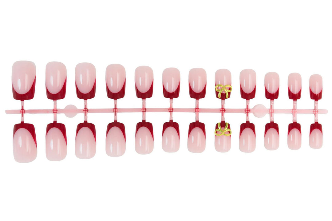 Artificial nail set with elegant red tips and refined bow decorations Kalsten