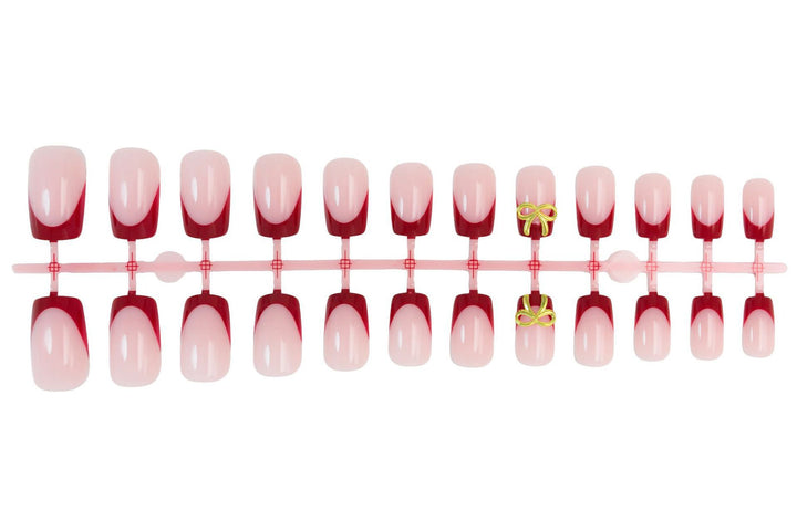 Artificial nail set with elegant red tips and refined bow decorations Kalsten