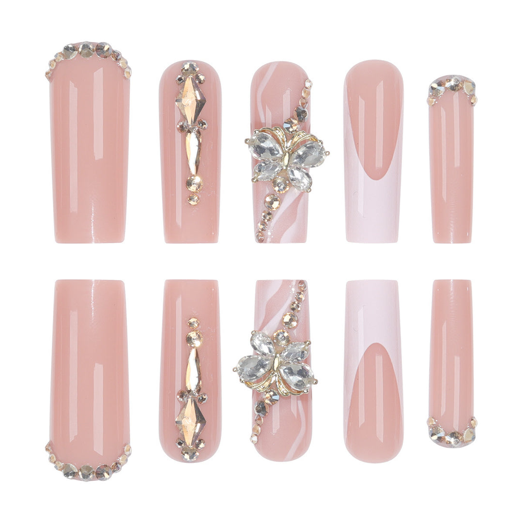 Elegant Long Press-On Nail Set with Decorative Gem and Floral Accents Kalsten
