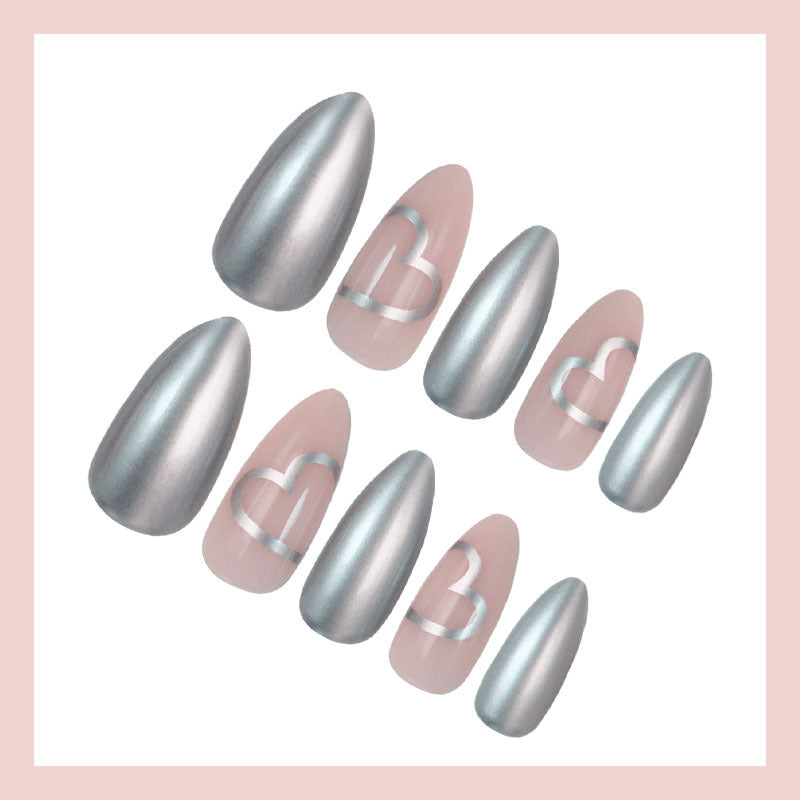 Artificial nail set with luxurious silver finish and heart motifs Kalsten