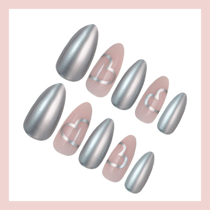 Artificial nail set with luxurious silver finish and heart motifs Kalsten
