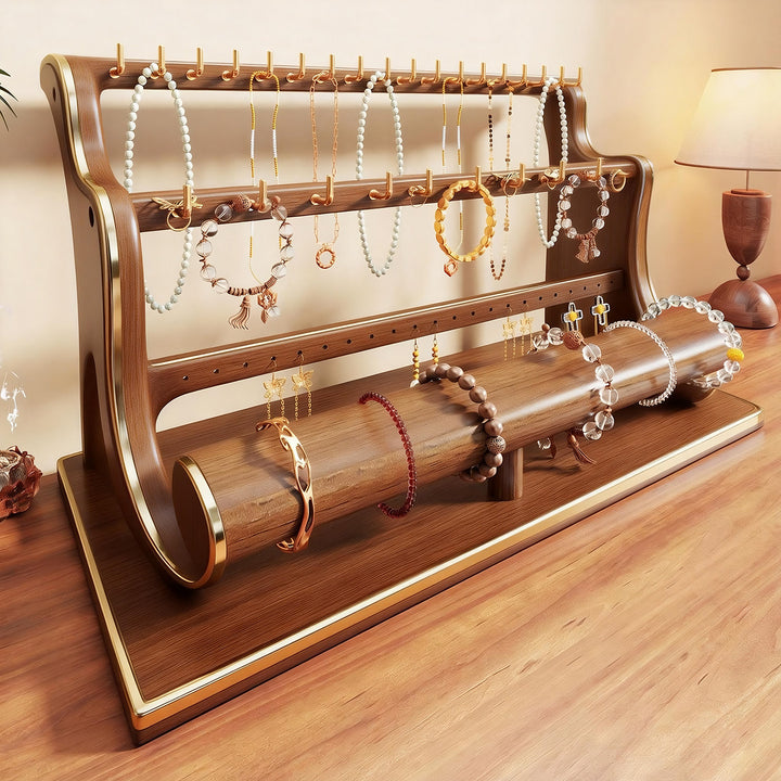 Tiered Wooden Jewelry and Bracelet Display Stand with Felt-Lined Tray