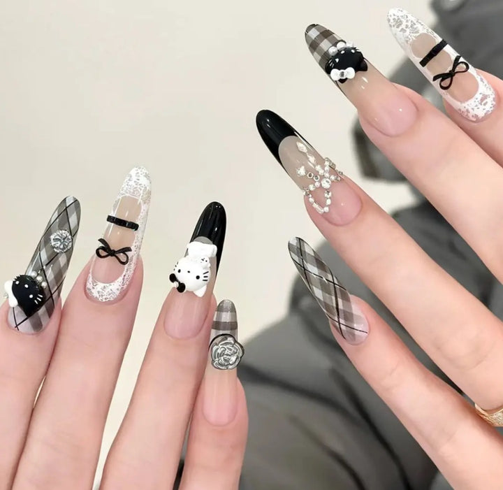 Artistic Press-On Nail Set with Floral and Glossy Accents Kalsten