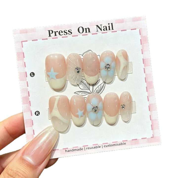 Artistic Press-On Nail Set with Floral and Star Designs