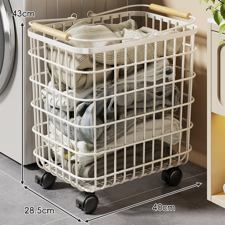 Ventilated Square Wire Laundry Cart with Wood-Grip Handles and Locking Casters