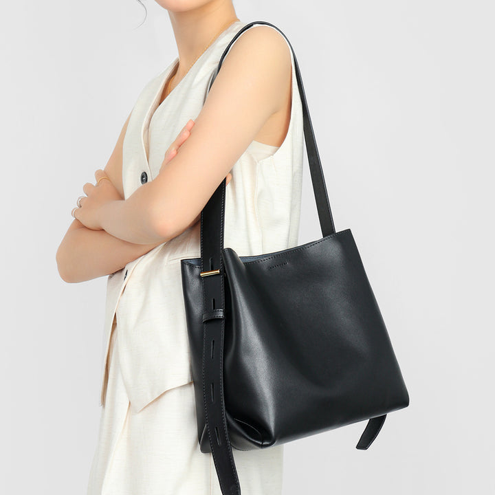 Minimalist Smooth Leather Adjustable-Strap Shoulder Tote