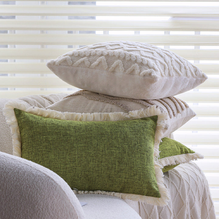Rectangular cushion cover with woven linen look and decorative fringed edge Kalsten