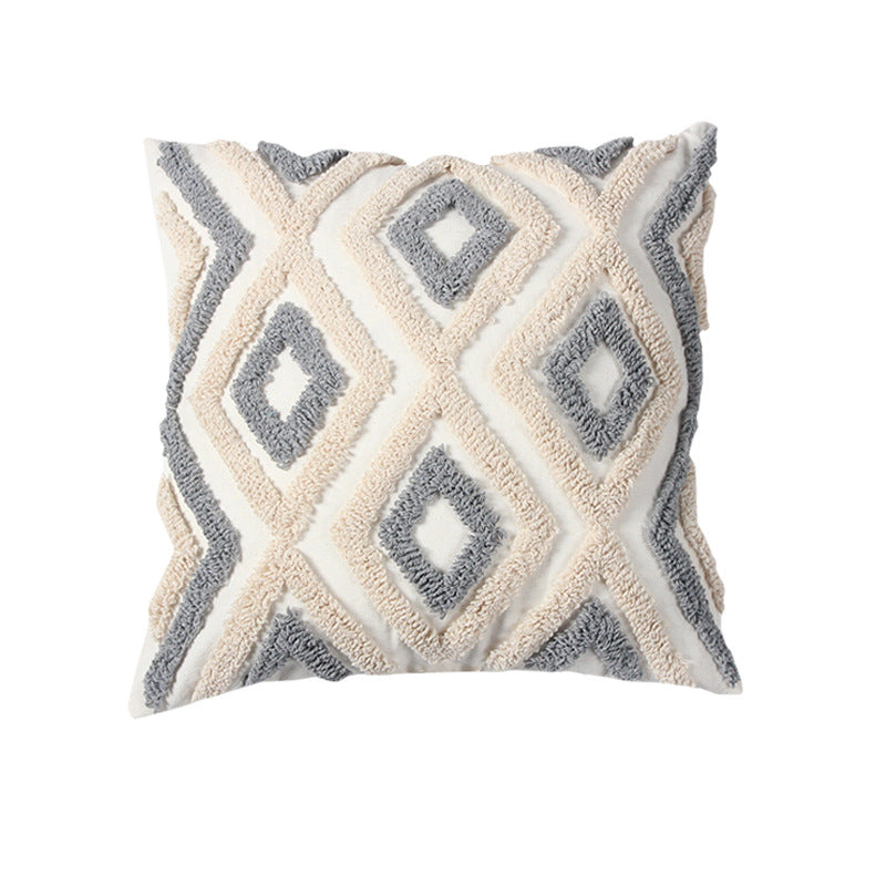 Decorative Textured Cotton Throw Pillow with Tassels and Tufted Geometric Pattern