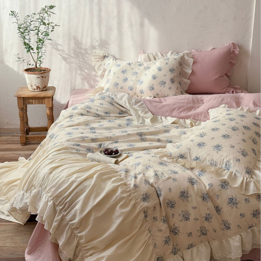 Romantic vintage bedding set with ruffle, floral print, and softly quilted comforter