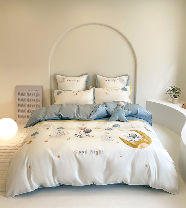 Children's bedding set with ruffles, embroidered cartoon appliqués and soft cotton satin