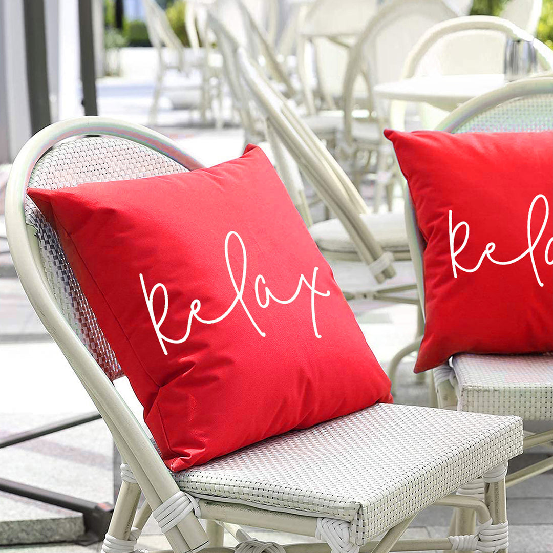 Square Script 'Relax' Outdoor-Ready Throw Pillow Cover with Hidden Zipper