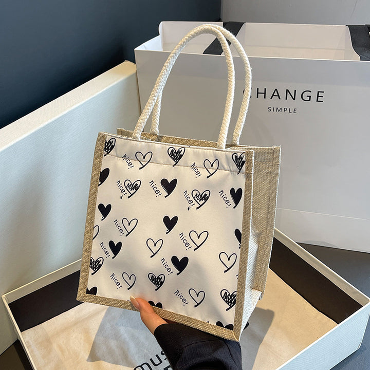 Heart-Patterned Canvas Shopping Tote