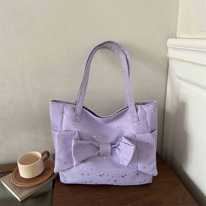 Bow-Embellished Star-Pattern Tote Bag