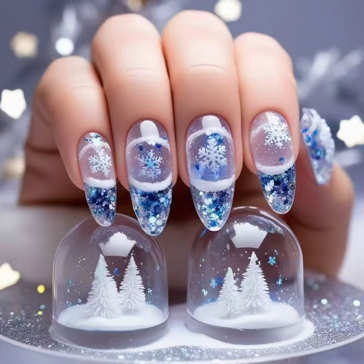 Glamorous artificial nails in winter snow crystal design Kalsten