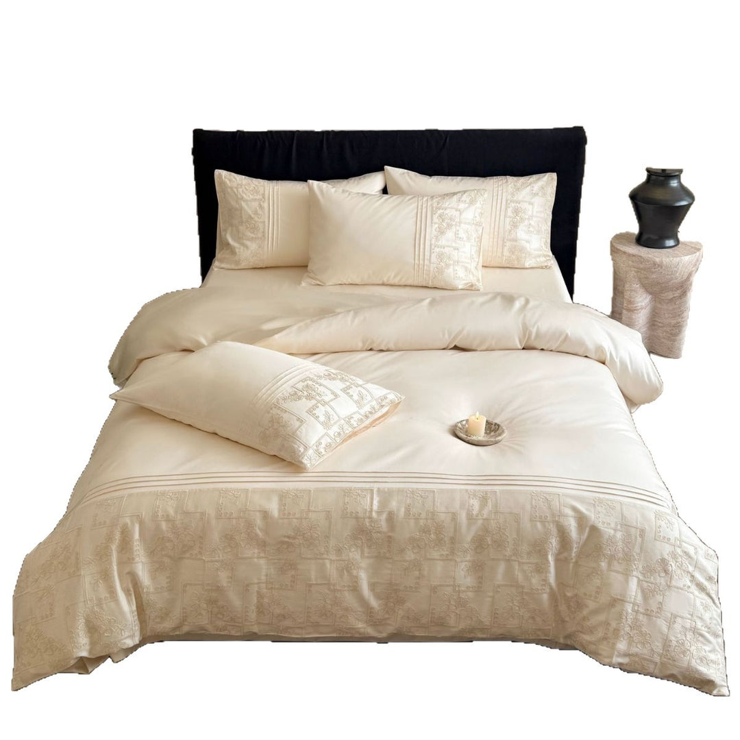 Satin bedding set with woven relief patterns and extra fine thread count