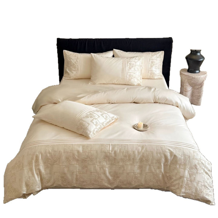 Satin bedding set with woven relief patterns and extra fine thread count