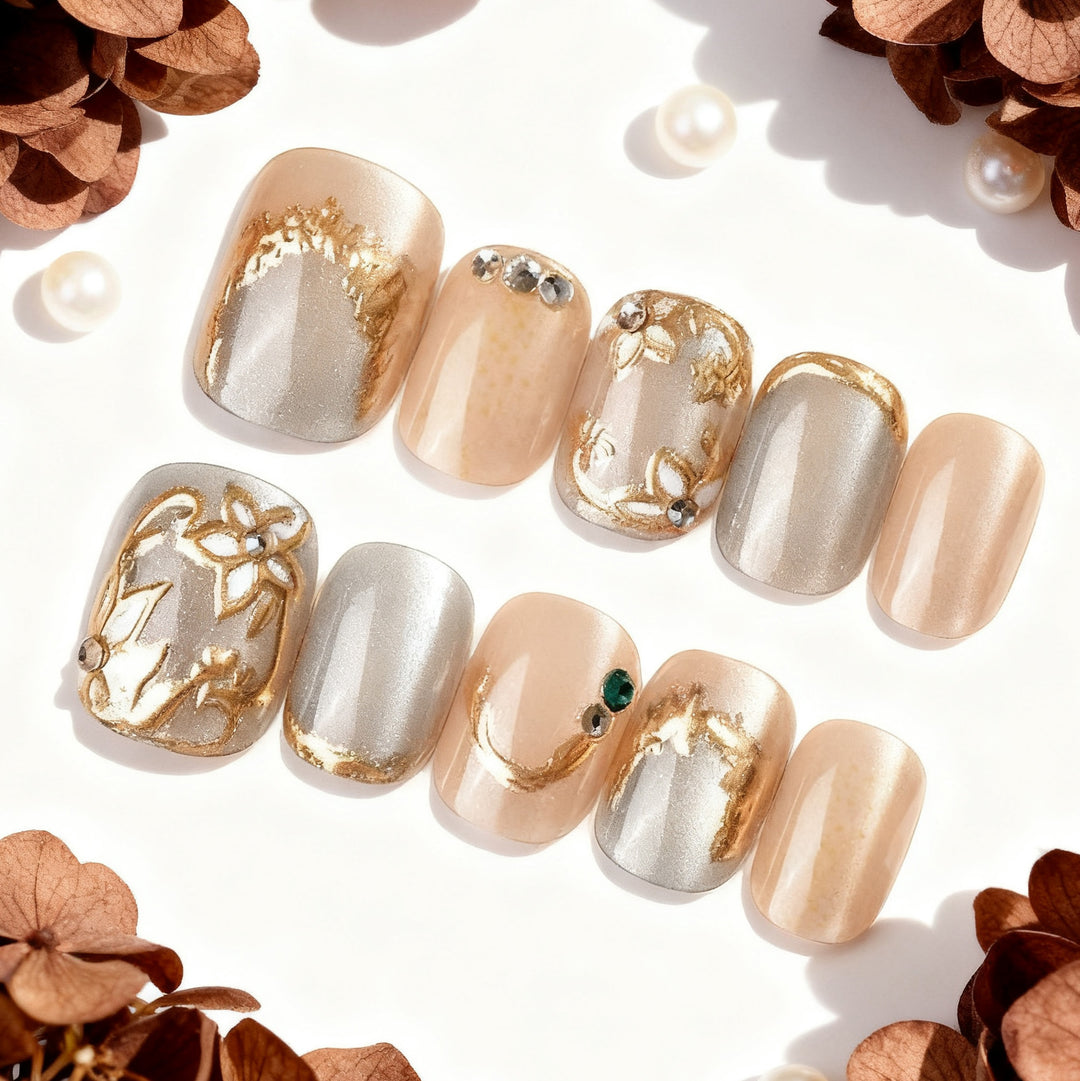 Decorative Press-On Nail Art Set with Elegant Floral Embellishments Kalsten