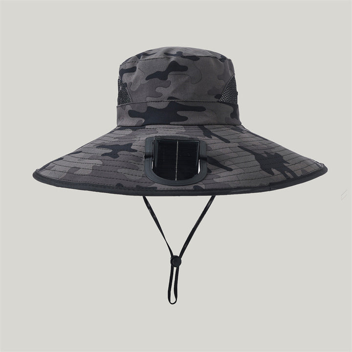 Wide-brimmed outdoor sun hat with solar-powered micro fan, breathable mesh and adjustable chin strap Kalsten