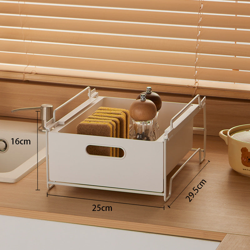 Kitchen storage box and sink organizer with adjustable frame