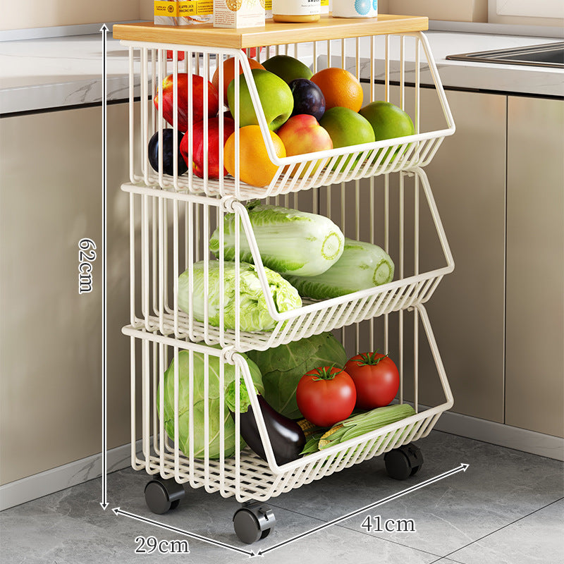 Countertop Wooden Top Metal Wire Fruit and Vegetable Storage Rack