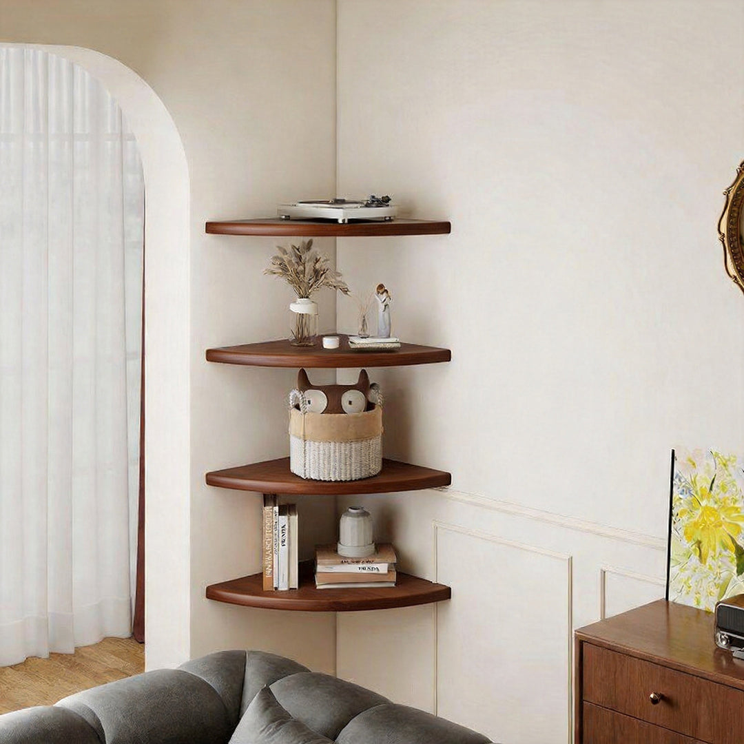 Triangular Floating Corner Shelf with Wood-Effect Surface & Heavy-Duty Metal Brackets
