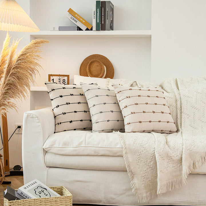 Decorative Square Cotton-Look Tufted Pillow Cover with Vertical Knot Trim and Concealed Zipper