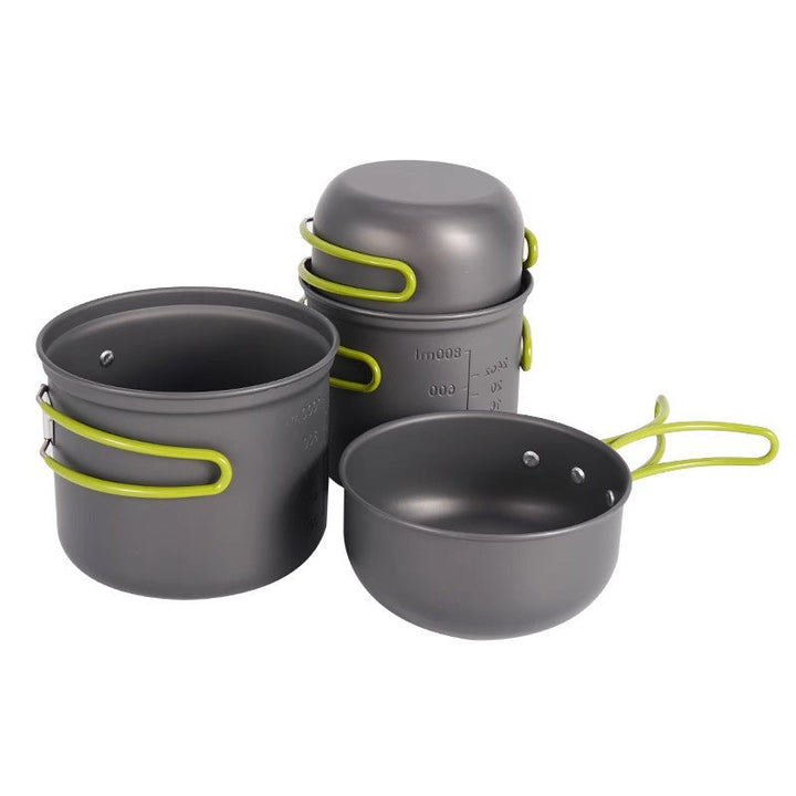 lightweight nesting anodized camping cookware set with folding silicone handles and measurement marks Kalsten