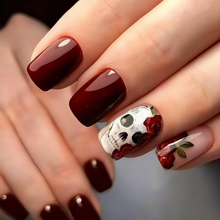 Artistic Nail Tips with Skull and Rose Pattern Kalsten
