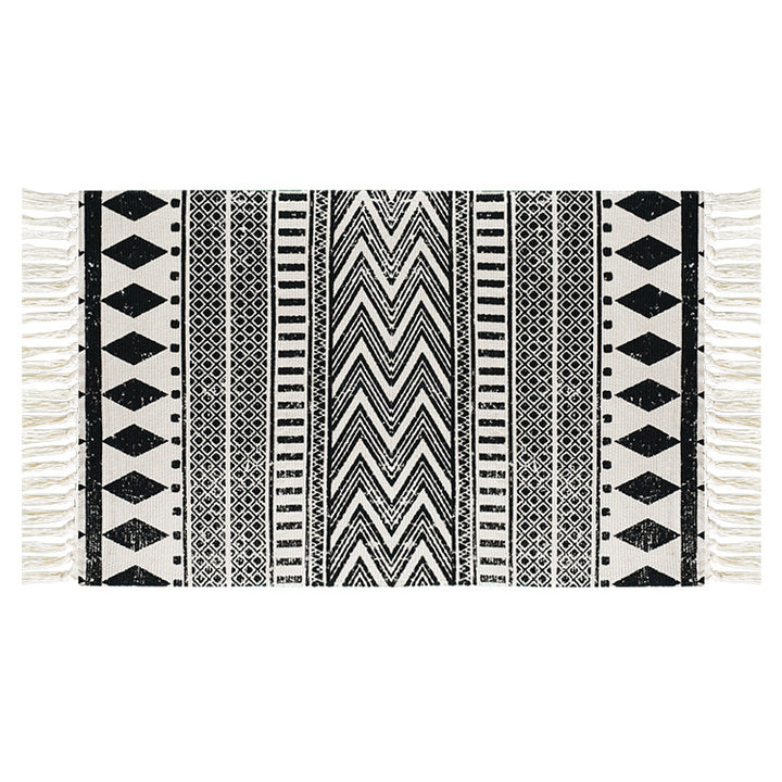Flat-woven cotton runner with Mediterranean tile jacquard and decorative fringes Kalsten